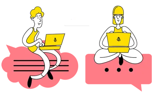 cartoon people using computers on clouds shaped like speech bubbles