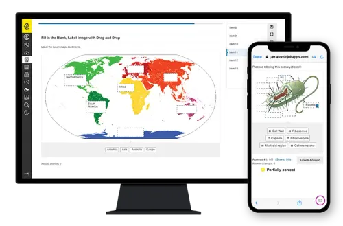 atomic assessments screenshots in a monitor and a phone