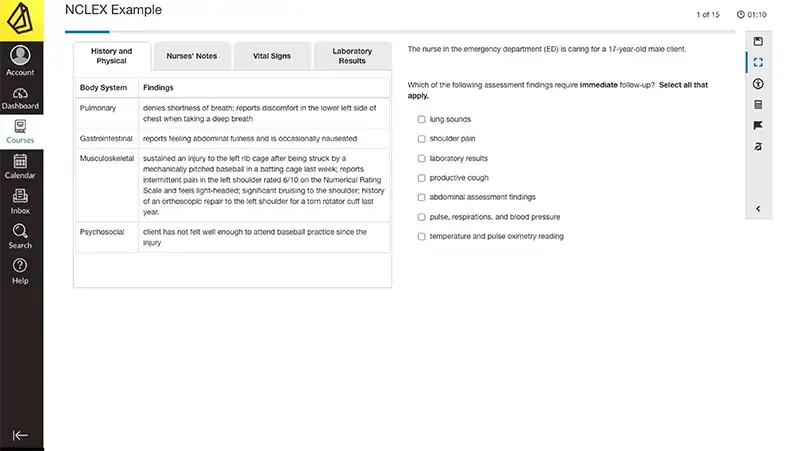 atomic assessments screen with NCLEX question