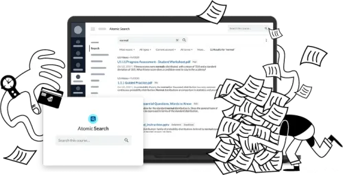 atomic search screenshots and a cartoon man searching in a mess of papers