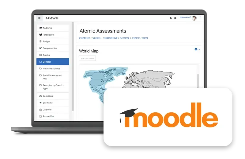 atomic assessments screenshot in a laptop with the moodle logo