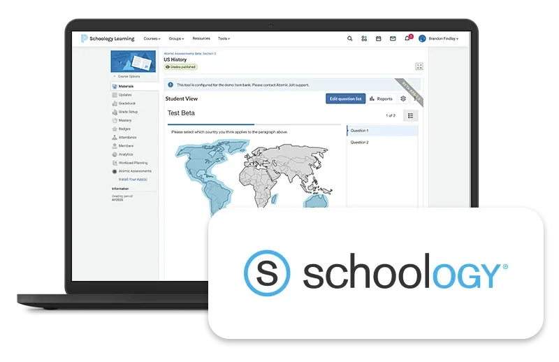 atomic assessments screenshot in a laptop with the schoology logo