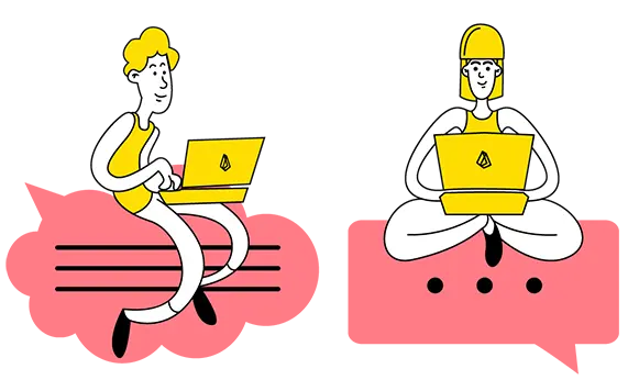 cartoon people using computers on clouds shaped like speech bubbles
